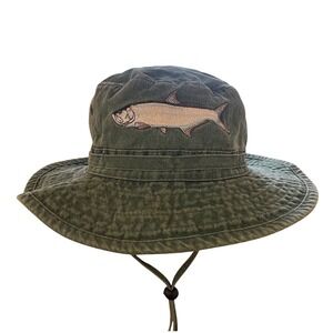 Fish Embroidered Bucket Hat‎ Green Denim Med Grunge Skater Surf Y2K Cap Beach